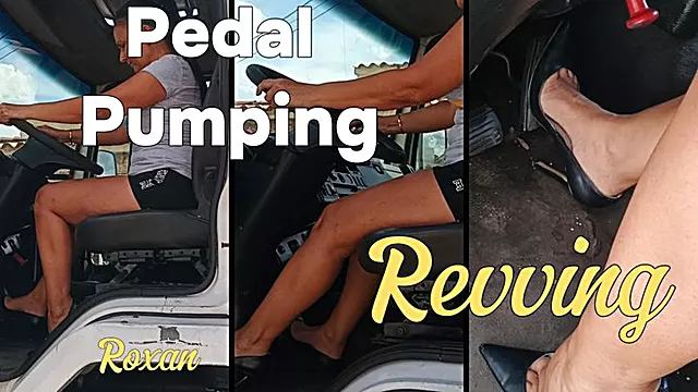 Pumping big cargo truck pedals with stiletto heels (3)