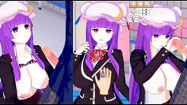 Patchouli Knowledge Rubs Her Huge Tits for Ecstatic Blow Job & Handjob Feat. Touhou 3D Hentai