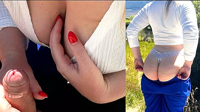 Public Handjob on Hiking Trail - Sloppy Blonde MILF with Big Tits and Red Nails