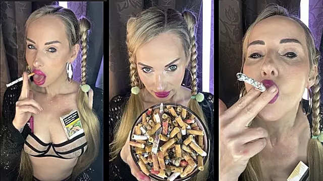 Sweet smoking girl Chain smokes marlboro 100 close up