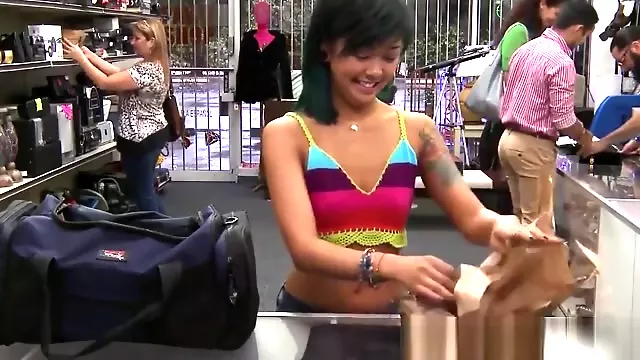 Pawnshop asian doggystyled after blowjob