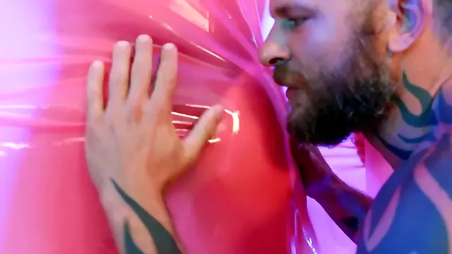 Slutty girl and inked man have nasty sex in bizarre room