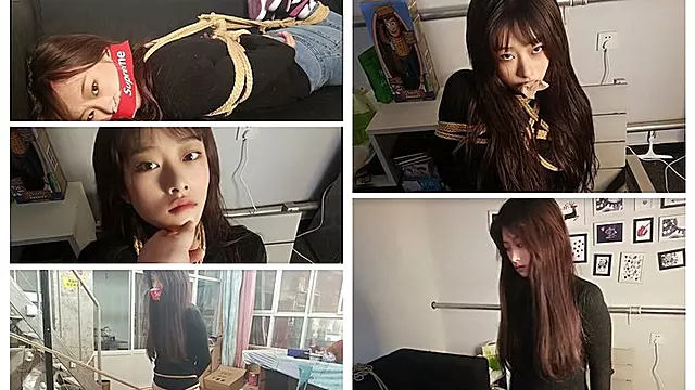 C4SDomination25 jasmine tape gag ballgagged jeans hogtied shibari struggle rope bondage