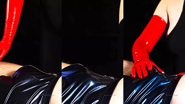 Girl in Red Latex Gloves reveals Oily Cock