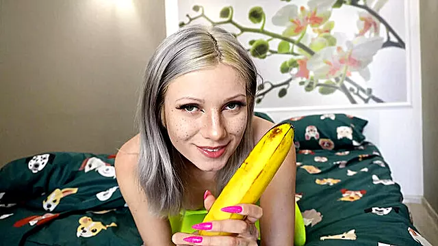 Skinny Blonde Teen Rides Banana and Squirts Orgasm - Solo Masturbation HD