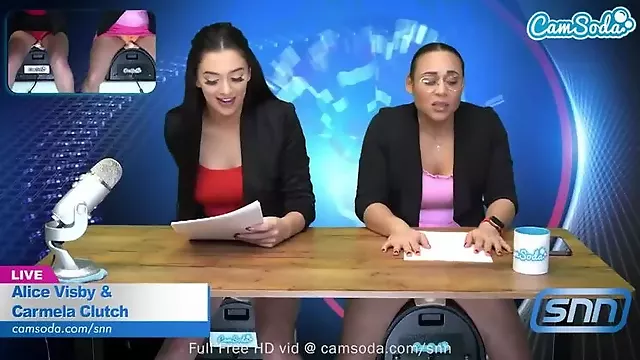 Camsoda - Lesbian MILF and Teen ride Sybian masturbate on air while reading the news