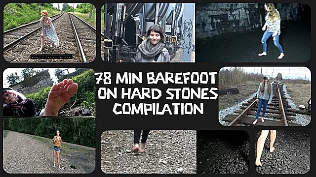 A unique 78-minute compilation! Seven girls struggle with very sharp stones, completely barefoot!