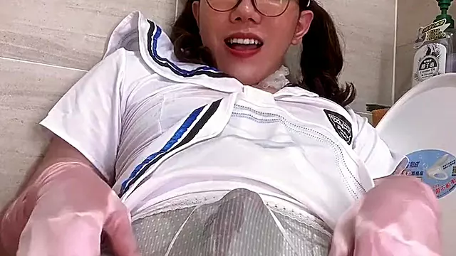 Uniform Trap Pisses All Over Toilet and Eats Own Cum