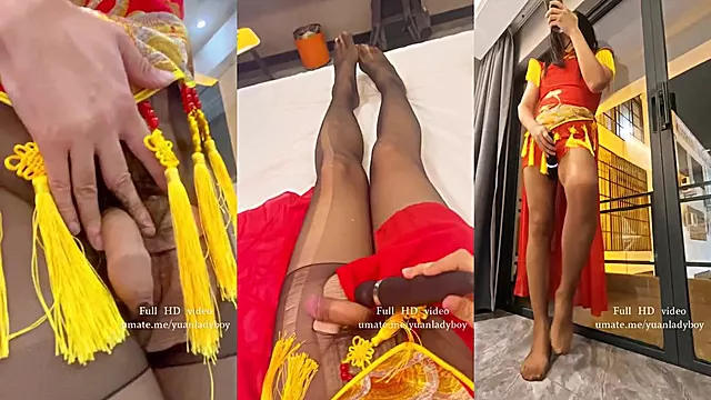 Chinese ladyboy in red skirt gushes thick cum in New Year cosplay session