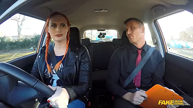 Fake driving school Ginger Big breasts and furry ginger pussy in hot examination bang