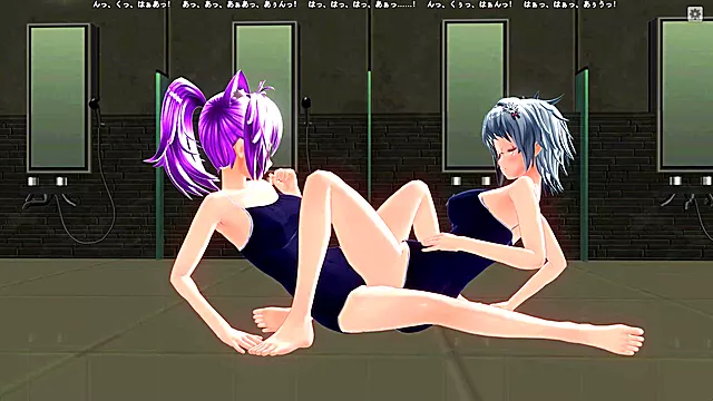 Two Lesbian Students in Swimming Suits Rub Their Pussies
