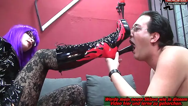 Feed Slave Guy Meet German Mistress Domina In High Heels