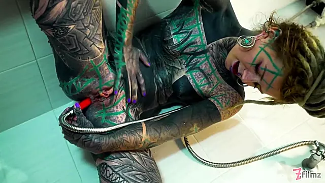 Heavily Tattooed Model Intense Anal Masturbation In The Shower