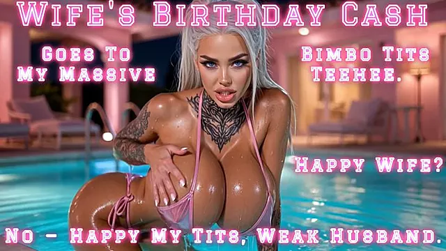 Wife's Birthday Cash Goes To My Massive Bimbo Tits Teehee. Happy Wife? No Happy My Tits, Weak Husband