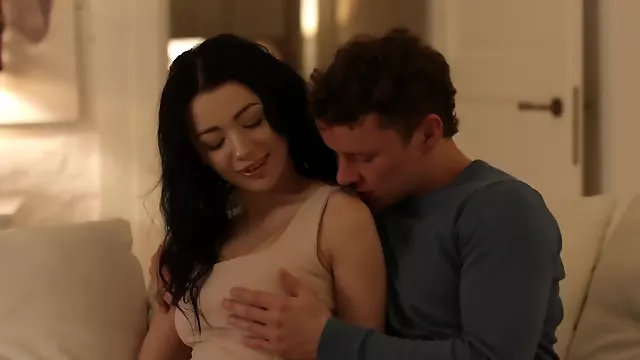 Charming brunette girl is receiving a big dick in sideways position