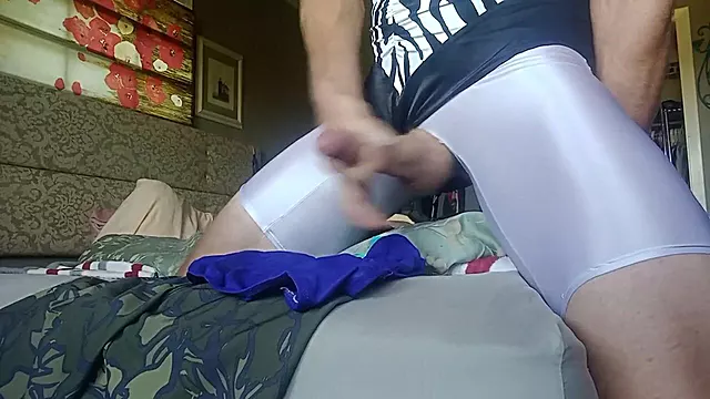 Femboy Cosplay cumshot while she drips in shiny pantyhose and swimsuit