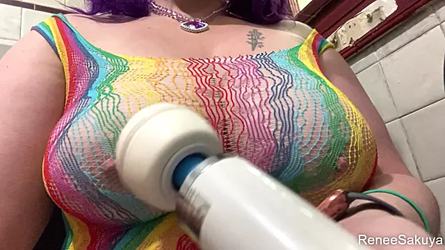 Rainbow Bodysuit Hitachi on Nipples and Pussy, Quick Cum