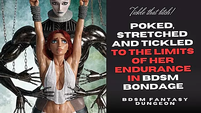 naughty red head Slave girl is poked and tickled hard in her boobs and belly and armpits to the limit of her endurance and also stretched in BDSM bondage by evil device