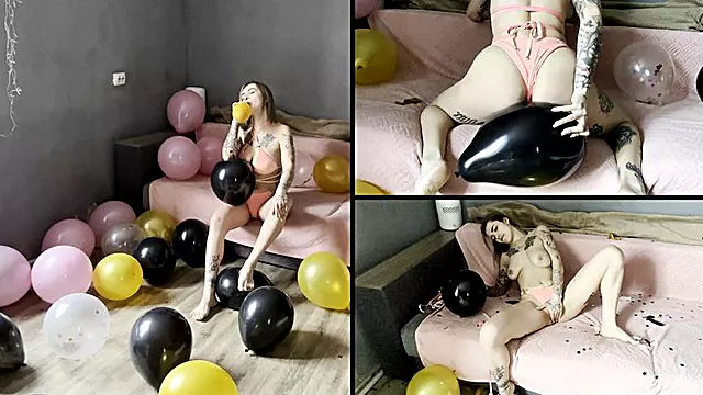 Horny Alina pops many balloons and masturbate