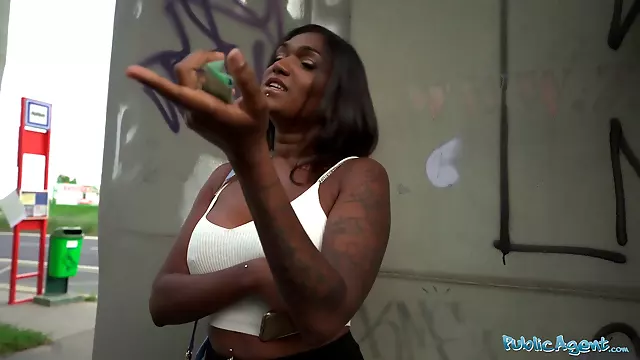 Sexy ebony with huge boob and juicy ass rides a big cock in public place