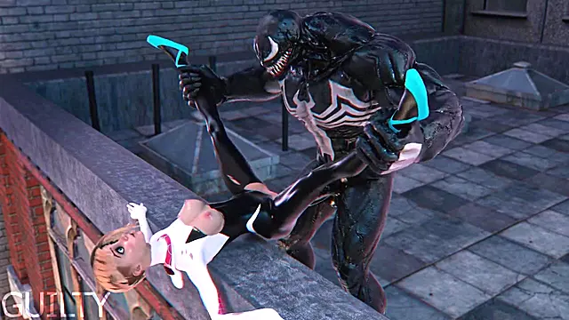 Superheroes Spider-Gwen and Venom fucking on the roof