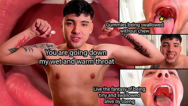 Macro vore Joeng swallows tiny person with open mouth jumping to his anaconda throat