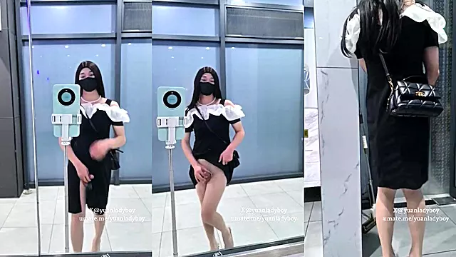Chinese ladyboy creams her tight skirt in the public toilet