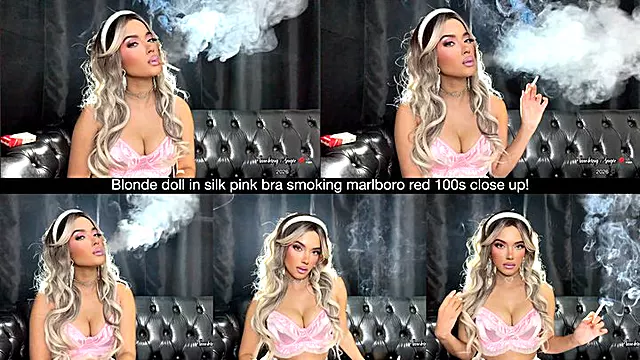 Blonde doll in silk pink bra smoking marlboro red 100s close up!