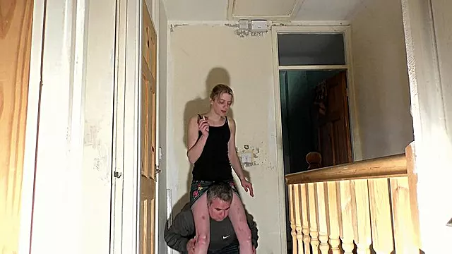 Chelsea Shoulder Ride On The Landing In a Skirt Whilst Smoking A Cigarette (4K)