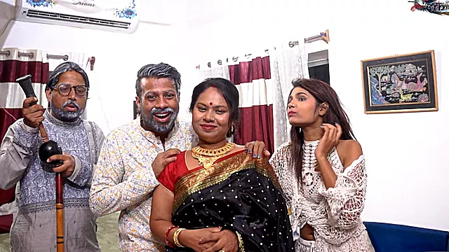 Sasurji and Sasurji's Friend Congek on the Four of Them with His Two Shoulders When They Are Alone in a Full Movie House (hindi Audio)