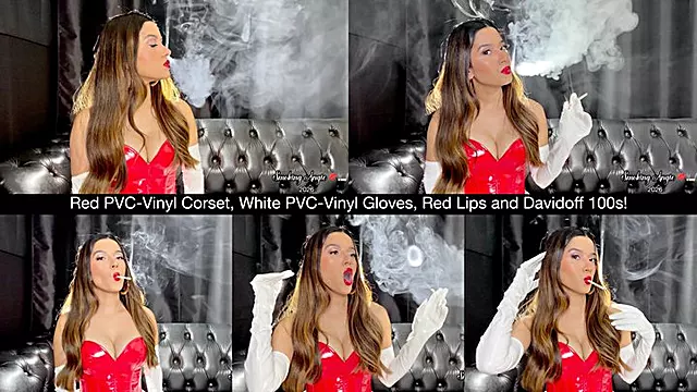 Red PVC-Vinyl Corset, White PVC-Vinyl Gloves, Red Lips and Davidoff 100s!