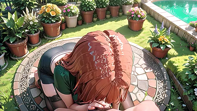 Redhead Busty Beauty Passionate Sex on Garden Grass: Shiny Green Skirt & Black Stockings to Squirting