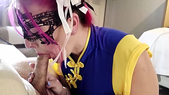 Hot Wife in Chun Li cosplay blowjob with cum swallow