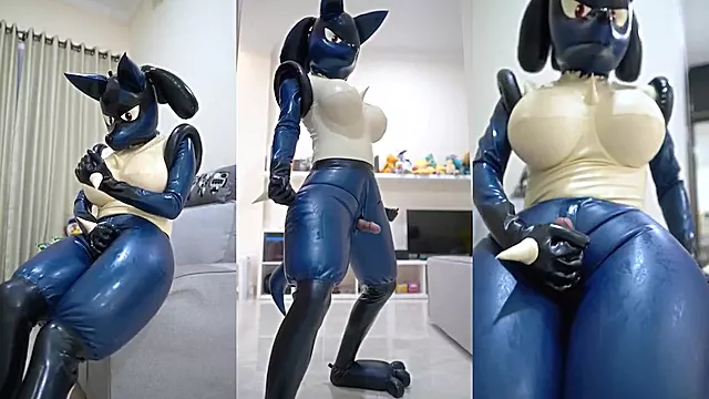 Latex Lucario Faps Shiny Cock to Gushing First Cum Explosion