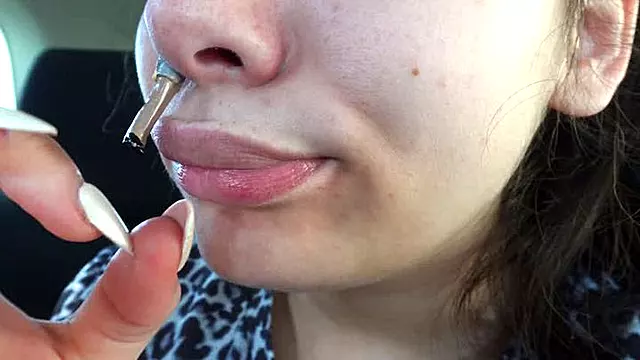 My Giantess stepsister finds a tiny stepbrother in her car and plays with him and puts it in her nose