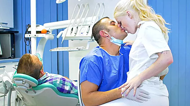 Naughty blonde nurse with perky tits gets her bald pussy drilled by the dentist