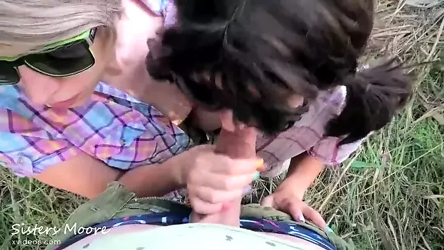 Outdoor POV blowjob with 2 girl, cum in mouth, cum kissing - threesome Amateur Step Sisters Moore