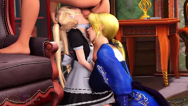 Big-Chested toon maid is deep throating her employer's hard pecker while getting on all fours in front of him