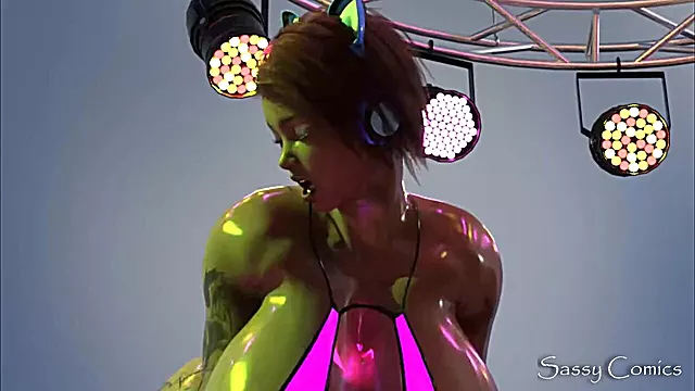 Curvy dancer Sassycomics mounts a gigantic dildo on stage in wild anal cartoon