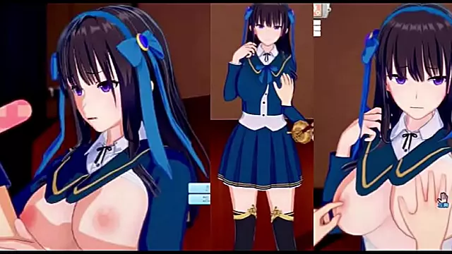 Obedient Big-Breasted Anime Schoolgirl Rubs Tits & Gives Handjob Blowjob Feast