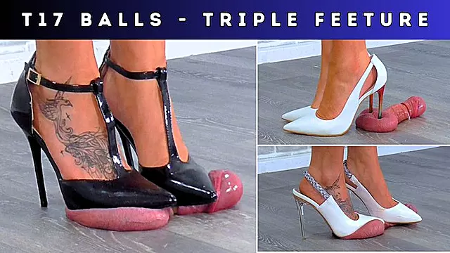 T17 Balls Cam - Triple Feature - Stamping The Cum From Your Balls Under My White Stilettos, Black T-Bar Heels and Posh White Slingbacks