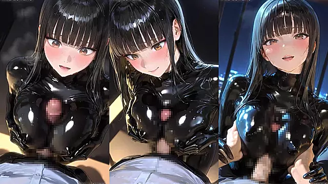 A beautiful woman in a latex bodysuit gives a Breast SEX with her big breasts
