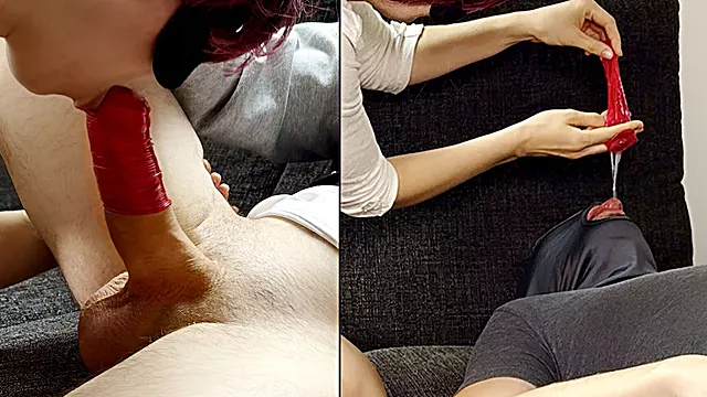 Amateur Hahnrei, Große Schwänze Blowjob, Nahaufnahme Schwanz, Abspritzen Ins Condom, Kondom Im Mund
