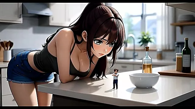 Tiny Man in Kitchen - AI Giantess Vore