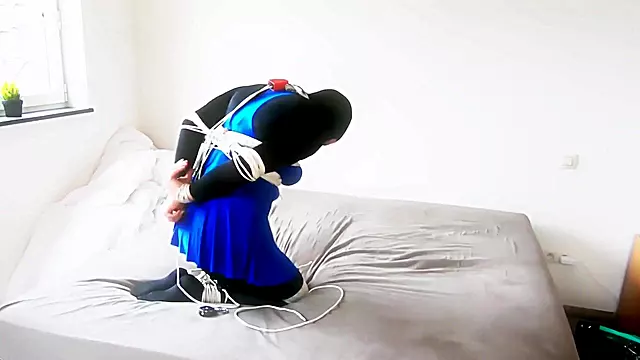 Hogtied Shiny Leotard Tranny Selfbound Timelock Cum Flood