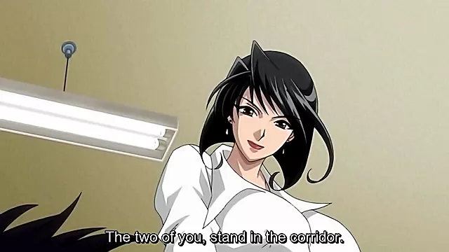 Busty anime teacher is caught masturbating and is fucked by two students