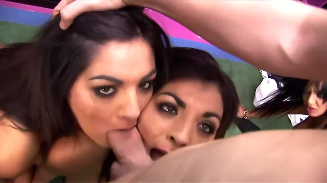 3 Dark Haired Chicks In Stockings Suck 2 Dicks And Swap The Cum After Orgy