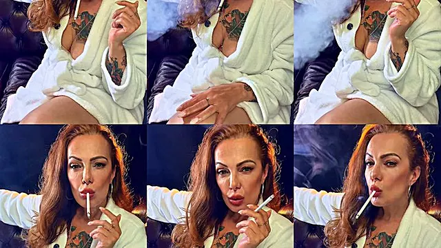 Stepmother in a white bathrobe smoking for her stepson Virginia Slims 120s