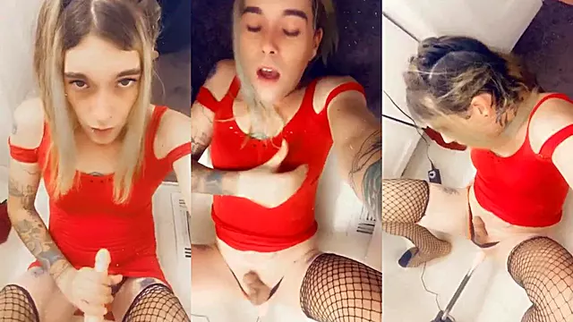 Inked Tgirl Spreads Fishnets Stares Begs Destroy Her Girlcock Gush