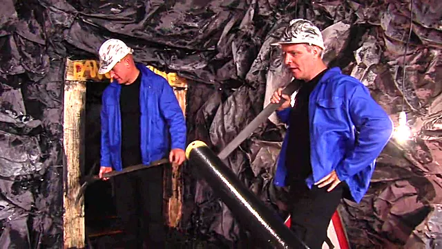 Two workers with big dicks fucking a lovely uniformed slut